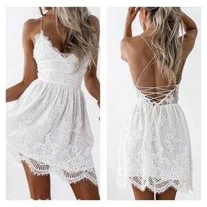 NWT Two Sisters Tie Back White Lace Homecoming Dress Backless Short Prom Dress